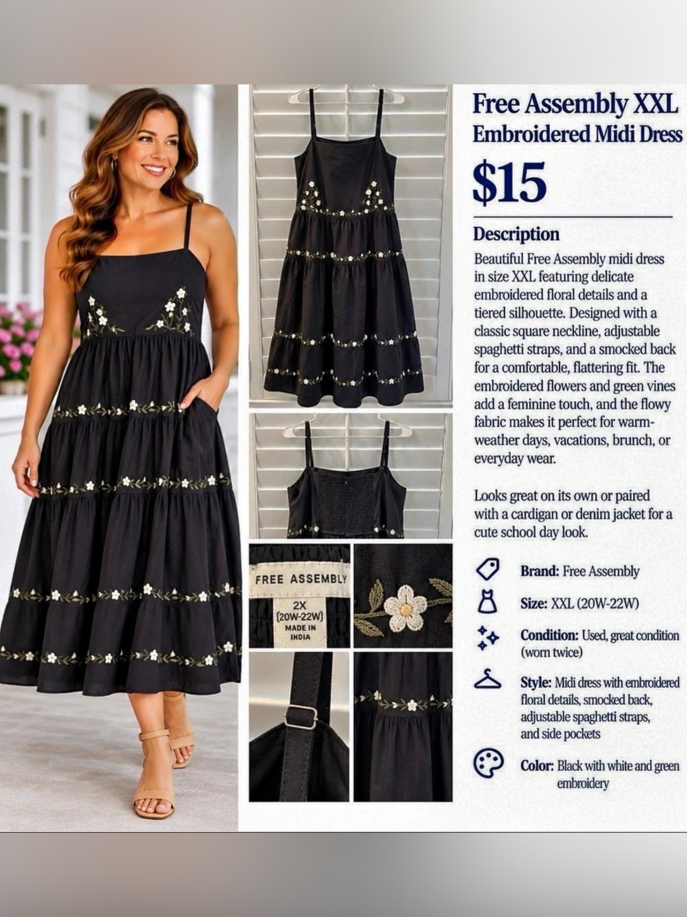 Free Assembly Embroidered Cotton Midi Dress Black & Green 2X